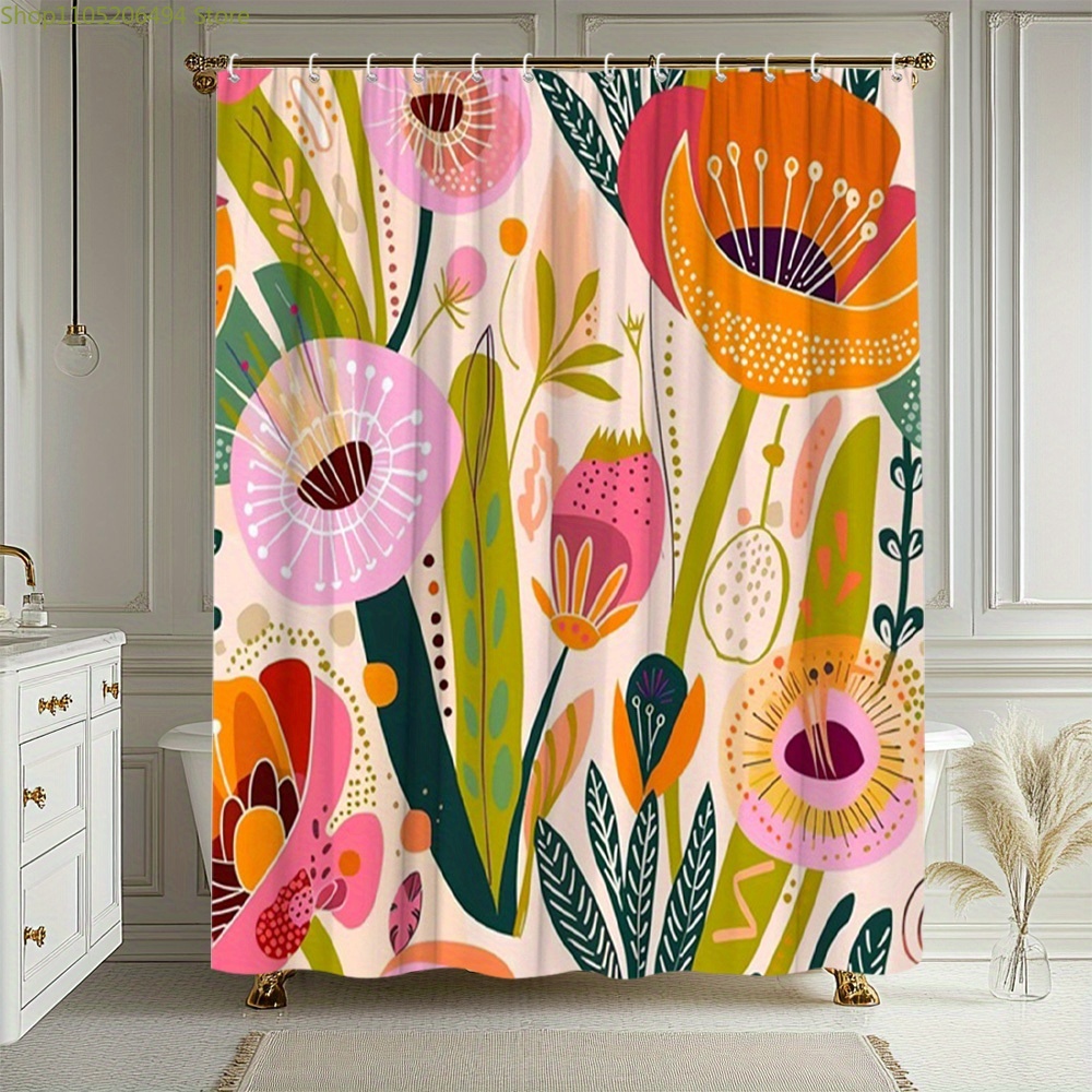 Home Bathroom Ideas - Lebendiger Blumenmuster-Duschvorhang, Abstraktes Botanisches Design, Wasserdichter