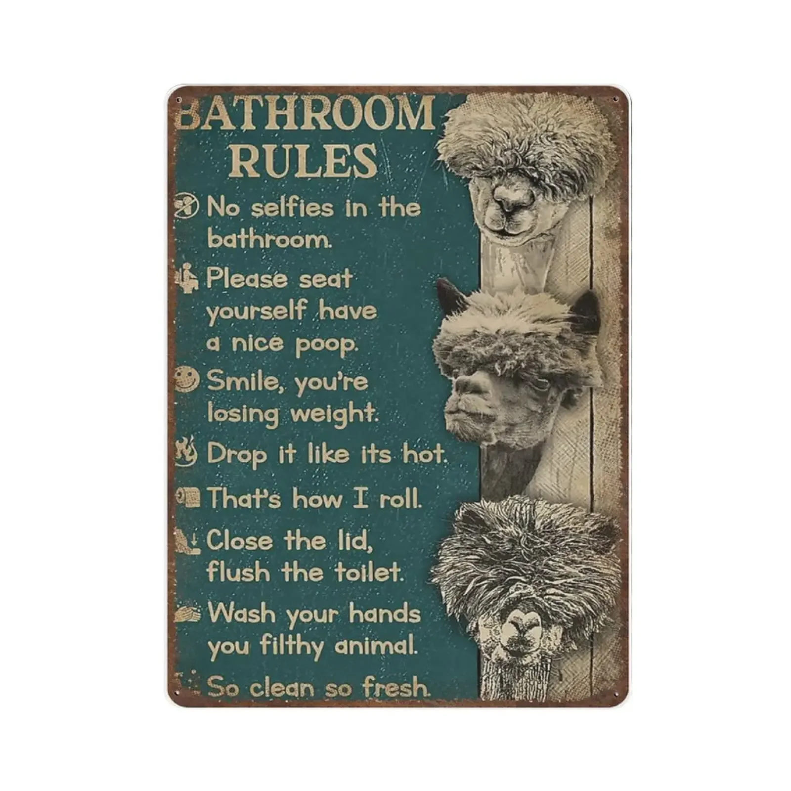 Home Bathroom Rules - Vintage-Metallschild, Plakette mit Badezimmerregeln und Alpakas,