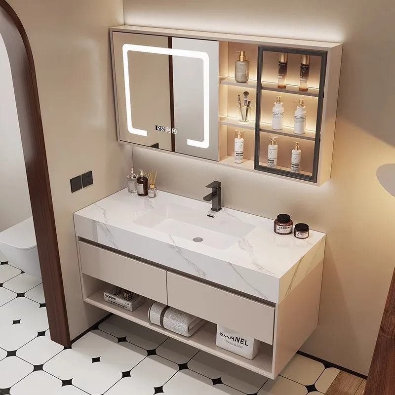 Home Bathroom Vanity Combo - Moderner Badezimmer-Waschtisch aus Schiefer-Keramik mit Massivholz-Badezimmerschrank,