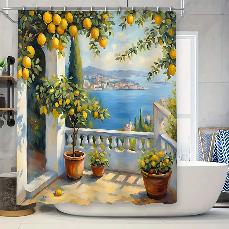 Home Bathroom Ideas - Mediterraner Zitronengarten Duschvorhang, Küstenvilla-Design, Wasserdichter Badvorhang