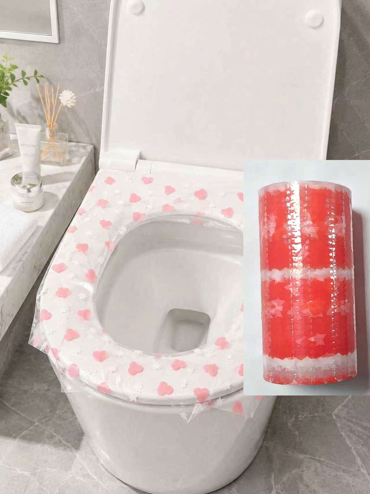 Home Bathroom Supplies - 133 Stück/Rolle Einweg-Toilettensitzbezüge, wasserdichte Toilettensitz-Schutzfolie, Herzmuster