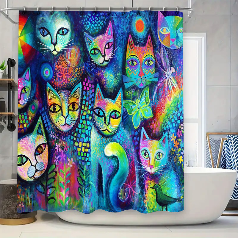 Home Bathroom Ideas - Katzen-Duschvorhang, künstlerisches Tierliebhaber-Dekor, modernes Badezimmer-Set, wasserdichtes