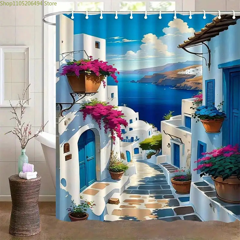 Home Bathroom Ideas - Santorini Griechische Insel Duschvorhang Blau-Weißes Dorf