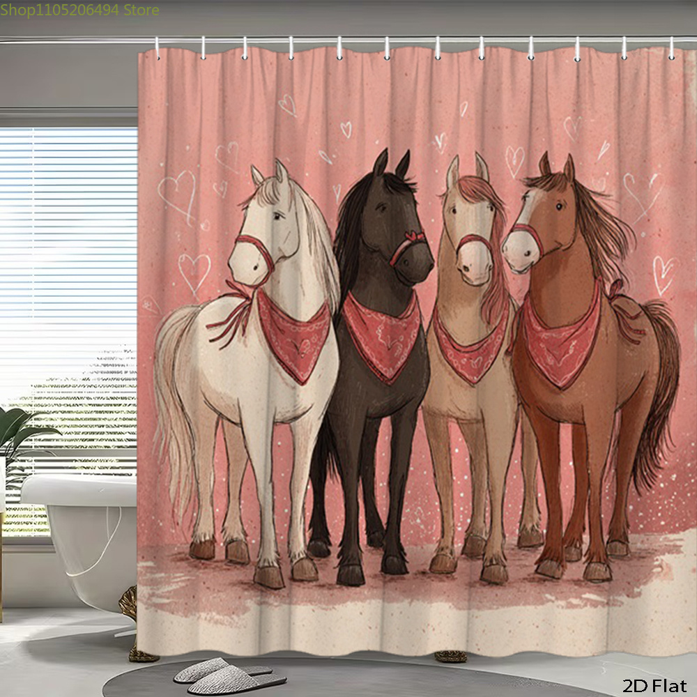 Home Bathroom Ideas - Niedlicher Duschvorhang mit Pferden, Cartoon-Tier-Design, wasserdichter